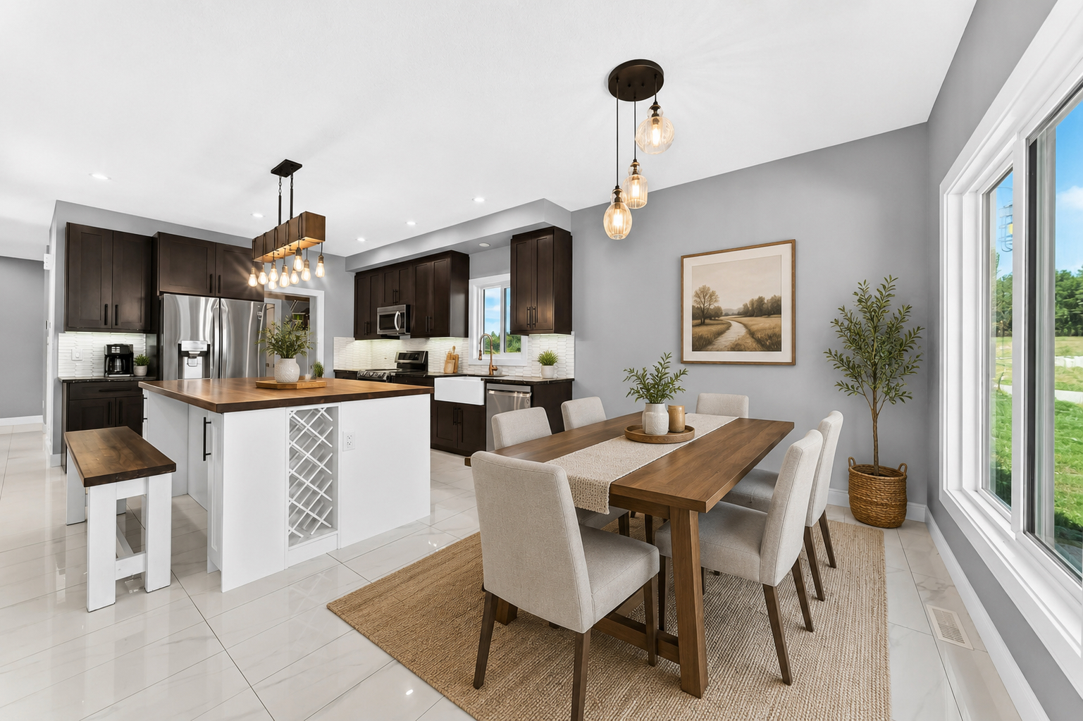 Kitchen and dining area — virtually staged