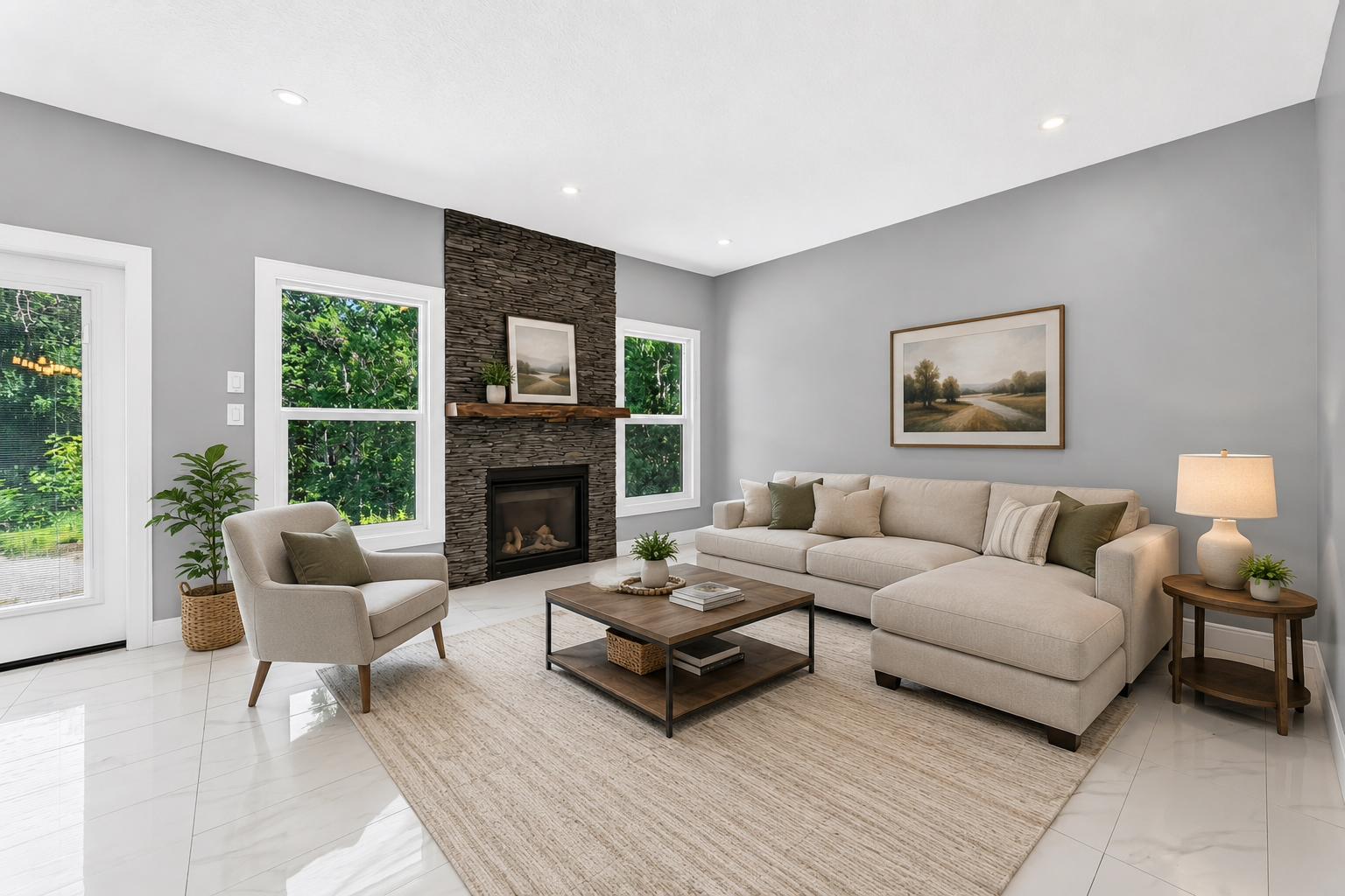 Fireside living room — virtually staged